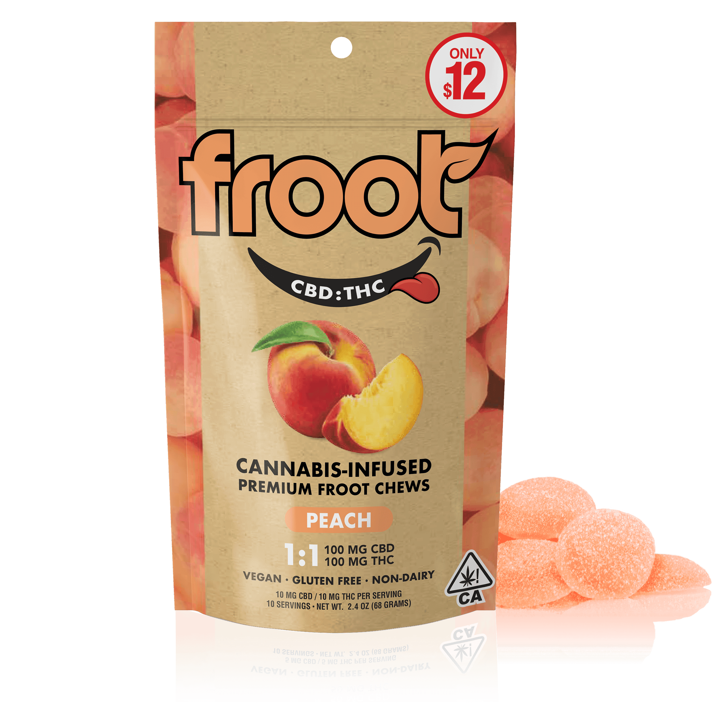 Froot Peach 1:1 CBD:THC Gummies - 100mg CBD: 100mg THC