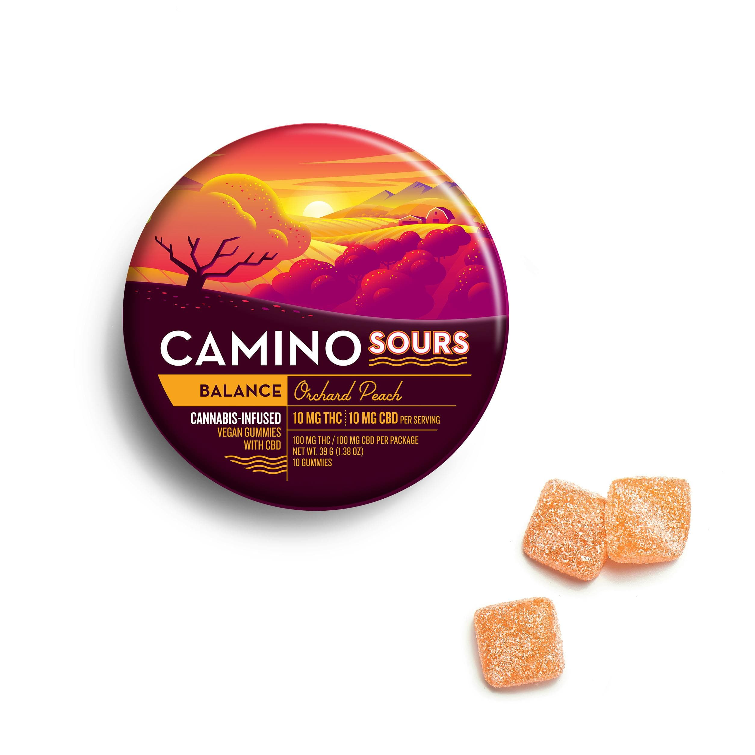 Camino Orchard Peach Sour 1:1 100mgTHC:100mgCBD Gummies 10pk