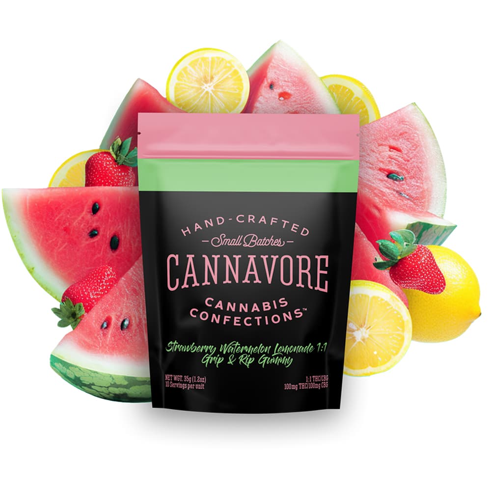 Cannavore | Strawberry Watermelon Lemonade 1:1 THC:CBG Gummies 100mg