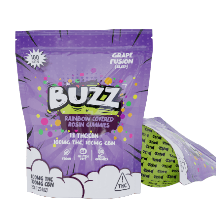BUZZ Rosin | Grape Fusion 1:1 THC:CBN Solventless Gummies 100mg