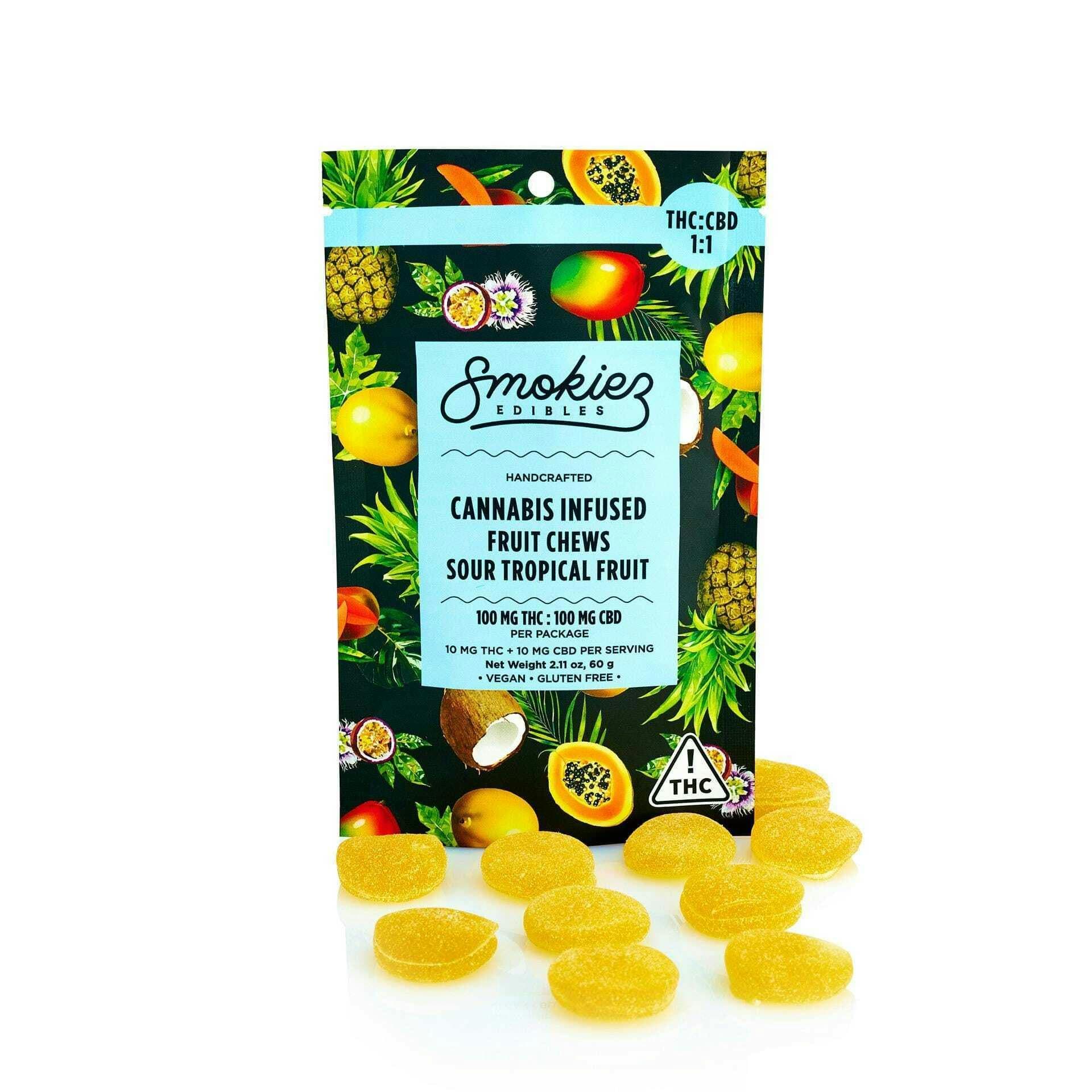 Sour Tropical Fruit Chews 1:1 THC:CBD Gummies | 100mg | 10ct | 10mg/ea